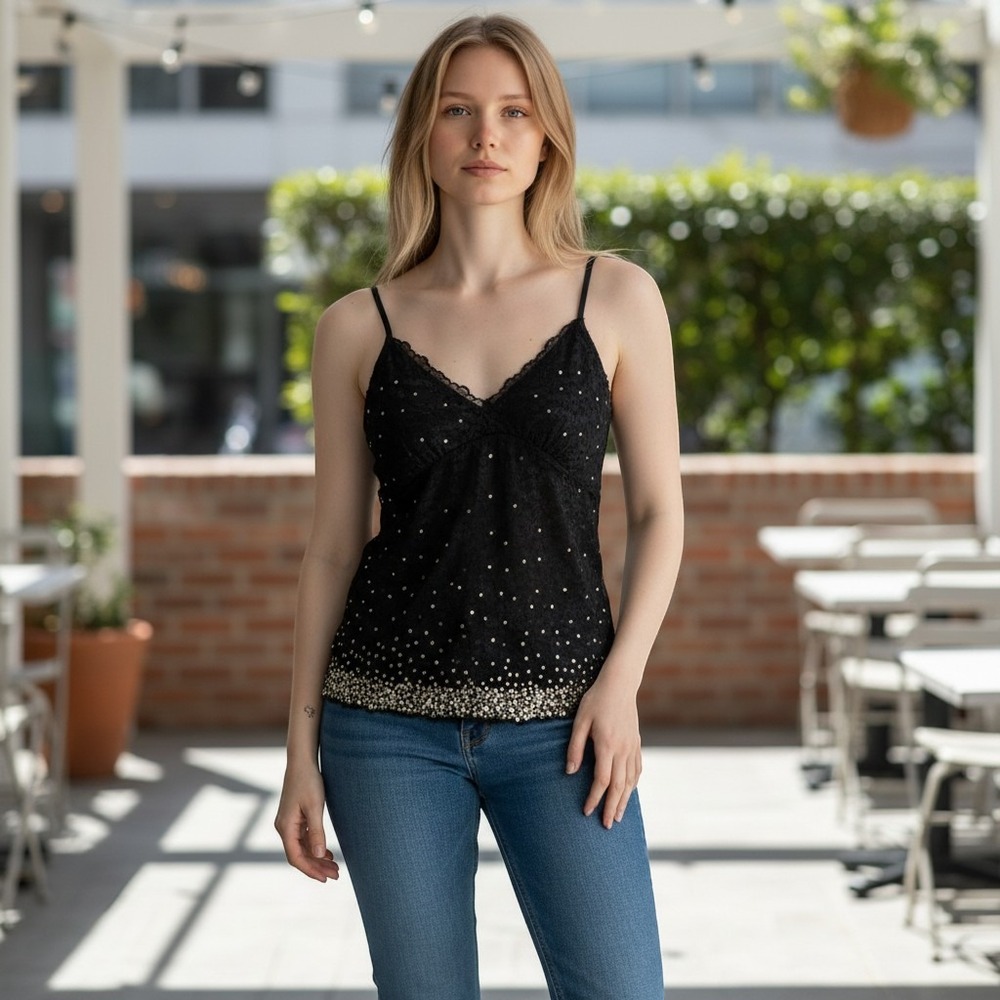 INC International Concepts Womens Black Floral Lace Sequin V-Neck Camisole